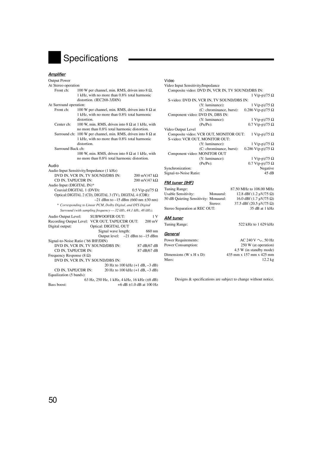 JVC LVT1007-010A[A] manual Specifications, Audio, Video 