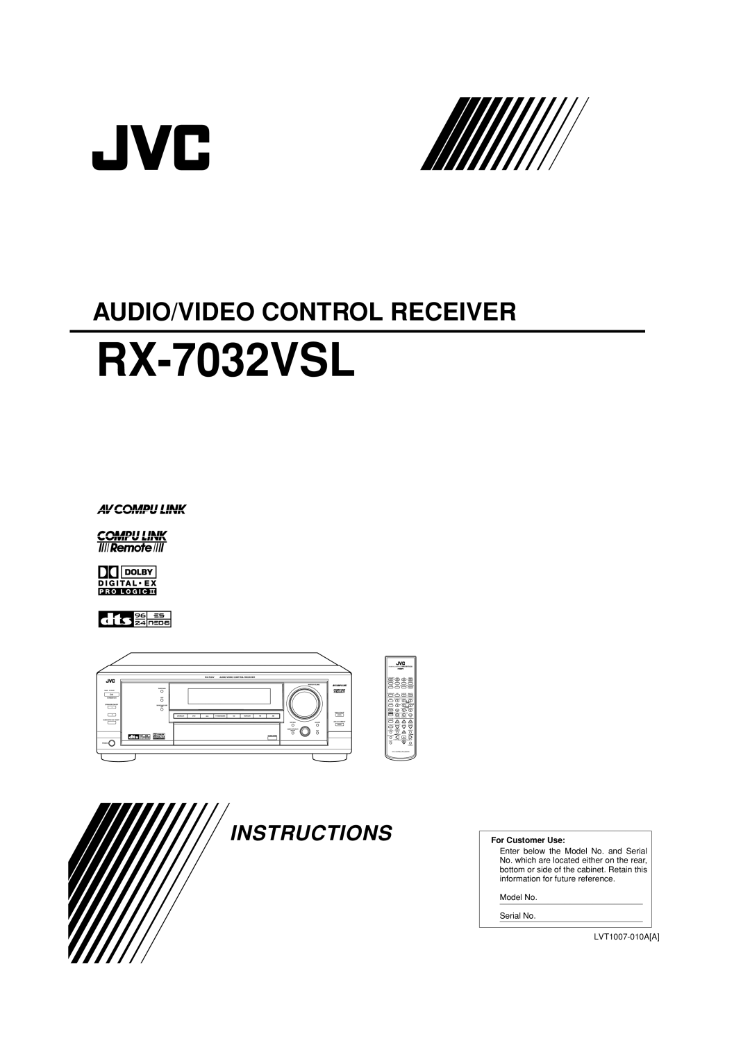JVC LVT1007-010A[A] manual RX-7032VSL, Audio/Video Control Receiver, Instructions, Catv/Dbs Vcr, Master Volume, Tv/Dbs 