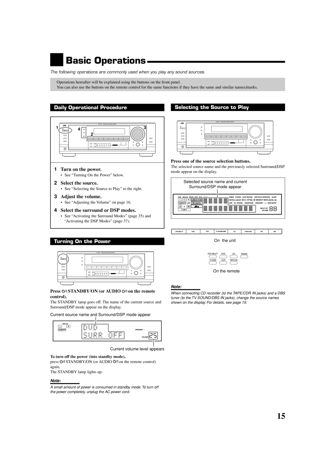 JVC LVT1007-010A[A] manual Basic Operations, Daily Operational Procedure, Selecting the Source to Play, 1Turn on the power 