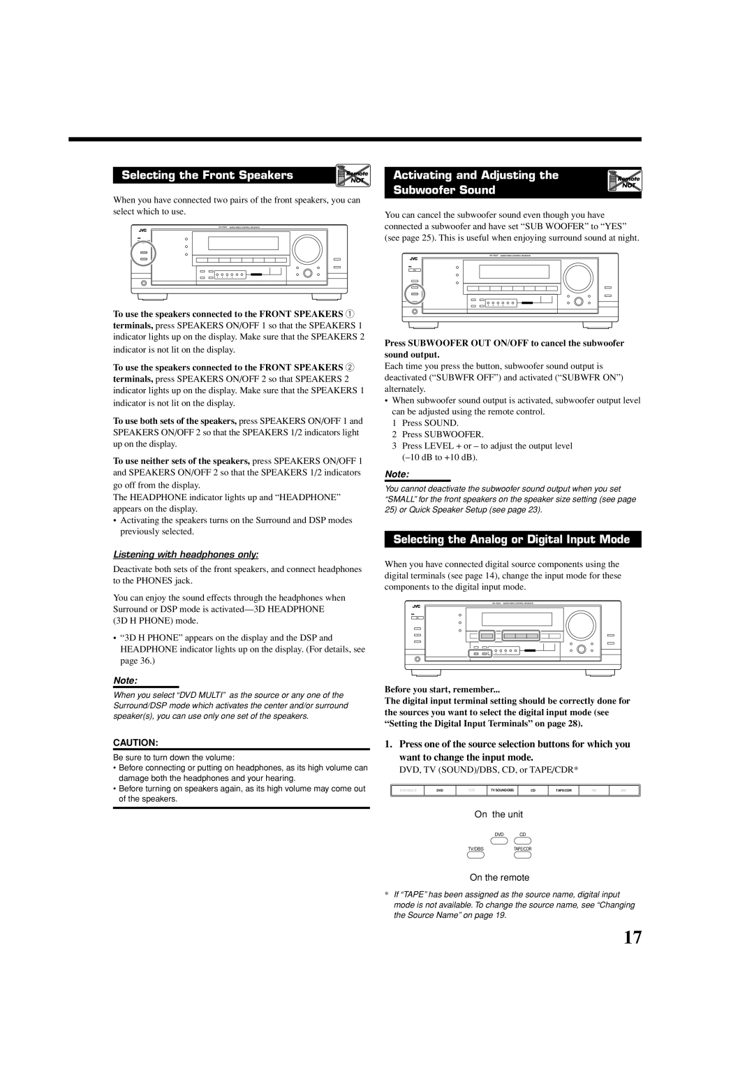 JVC LVT1007-010A[A] manual Selecting the Front Speakers, Activating and Adjusting the, Subwoofer Sound 