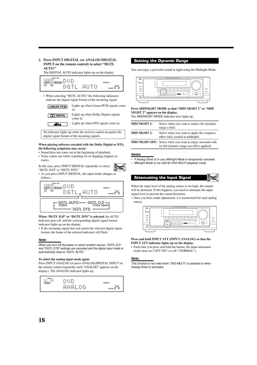 JVC LVT1007-010A[A] manual Setting the Dynamic Range, Attenuating the Input Signal, Dgtl Auto, Dgtl D.D, Dgtl Dts 