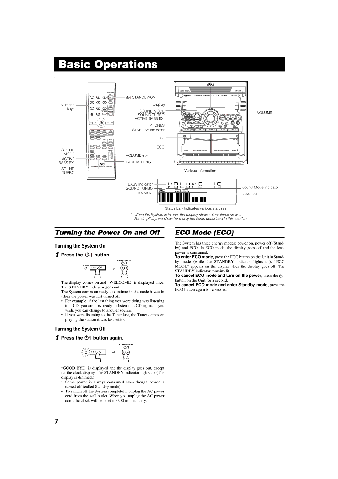 JVC CA-MXKA6 Basic Operations, Turning the Power On and Off, ECO Mode ECO, Turning the System On, Turning the System Off 