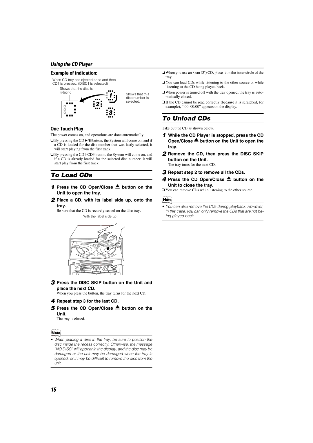 JVC LVT1014-003A, CA-MXKA6 manual To Load CDs, To Unload CDs, Using the CD Player Example of indication, One Touch Play 