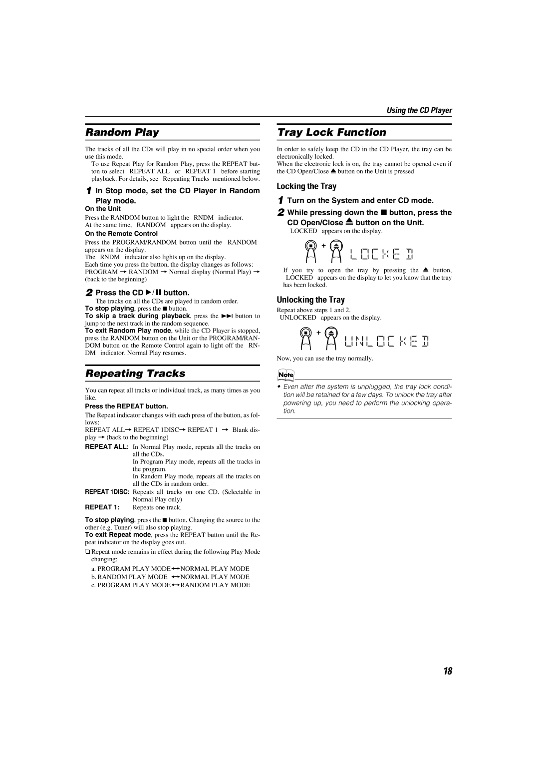 JVC LVT1014-003A, CA-MXKA6 manual Random Play, Repeating Tracks, Tray Lock Function, Locking the Tray, Unlocking the Tray 