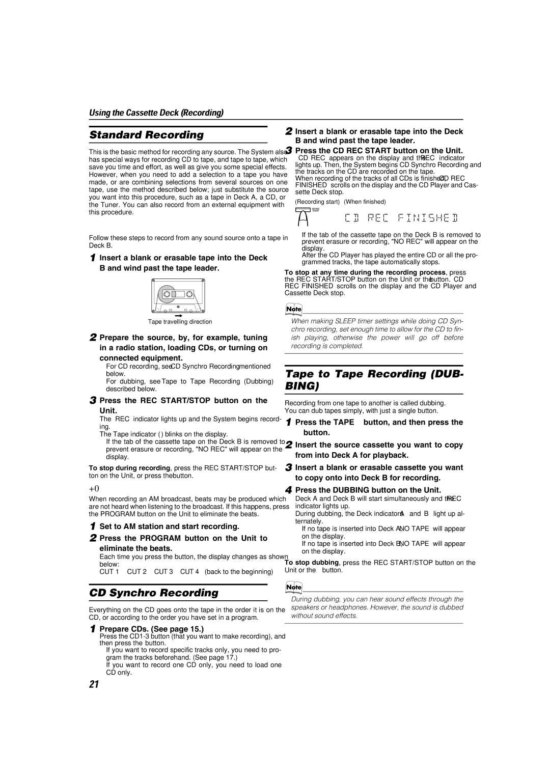 JVC LVT1014-003A, CA-MXKA6, 0303NYMCREBETEN manual Standard Recording, Tape to Tape Recording DUB- Bing, CD Synchro Recording 