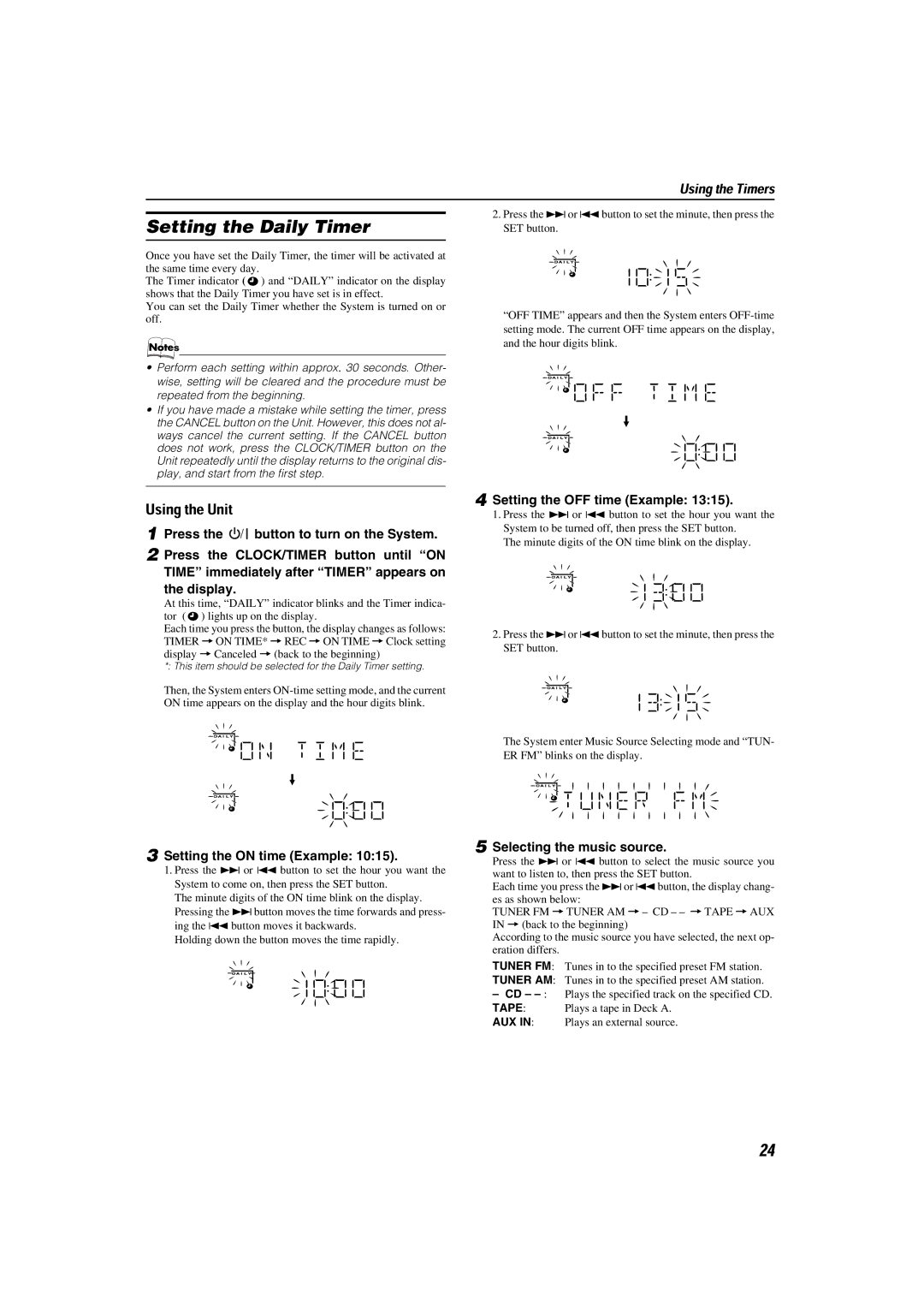 JVC LVT1014-003A, CA-MXKA6 manual Setting the Daily Timer, Setting the OFF time Example, Setting the on time Example 