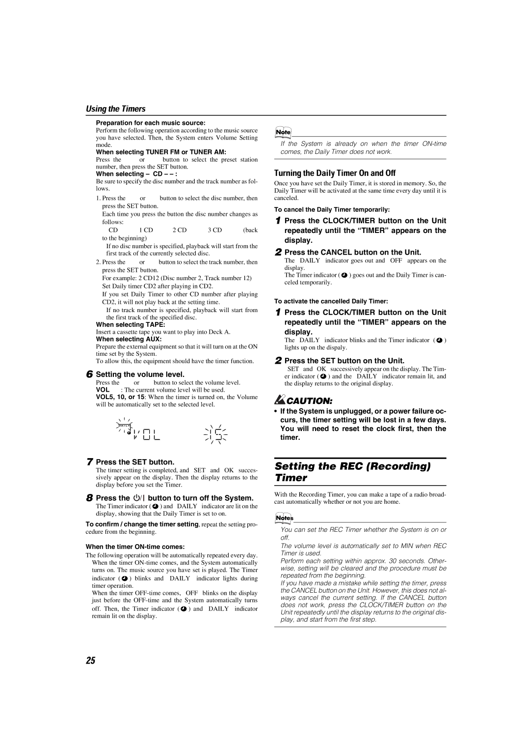 JVC CA-MXKA6, LVT1014-003A manual Setting the REC Recording Timer, Using the Timers, Turning the Daily Timer On and Off 