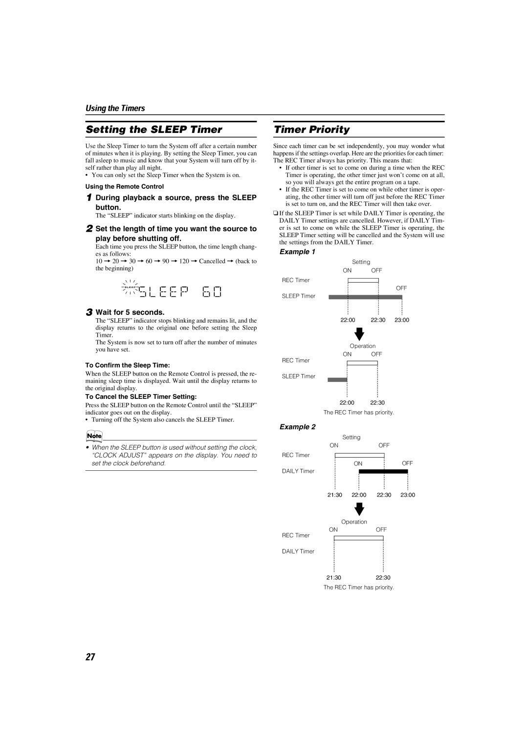 JVC LVT1014-003A, CA-MXKA6 manual Setting the Sleep Timer, Timer Priority, During playback a source, press the Sleep button 