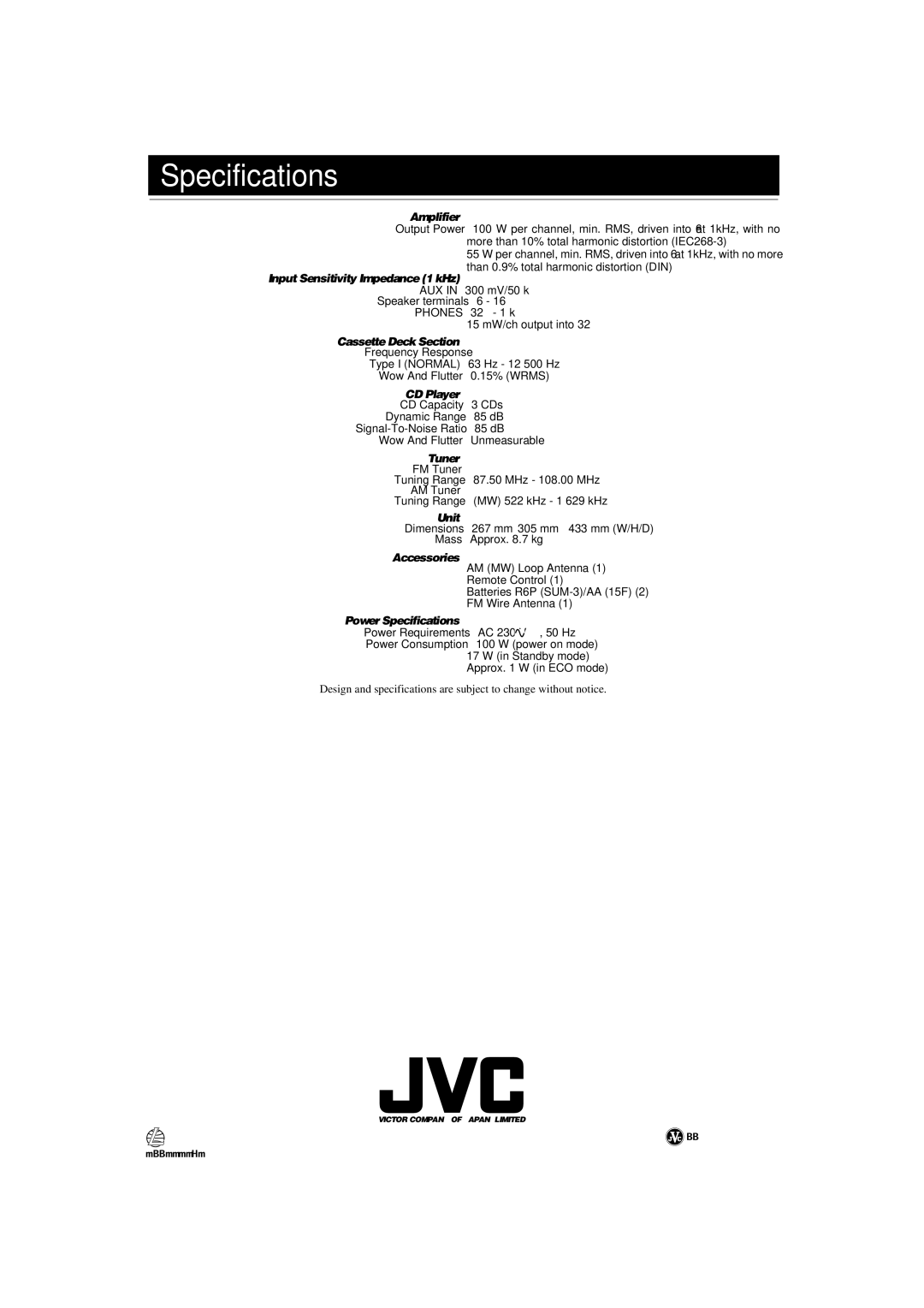 JVC LVT1014-003A, CA-MXKA6, 0303NYMCREBETEN manual Specifications 