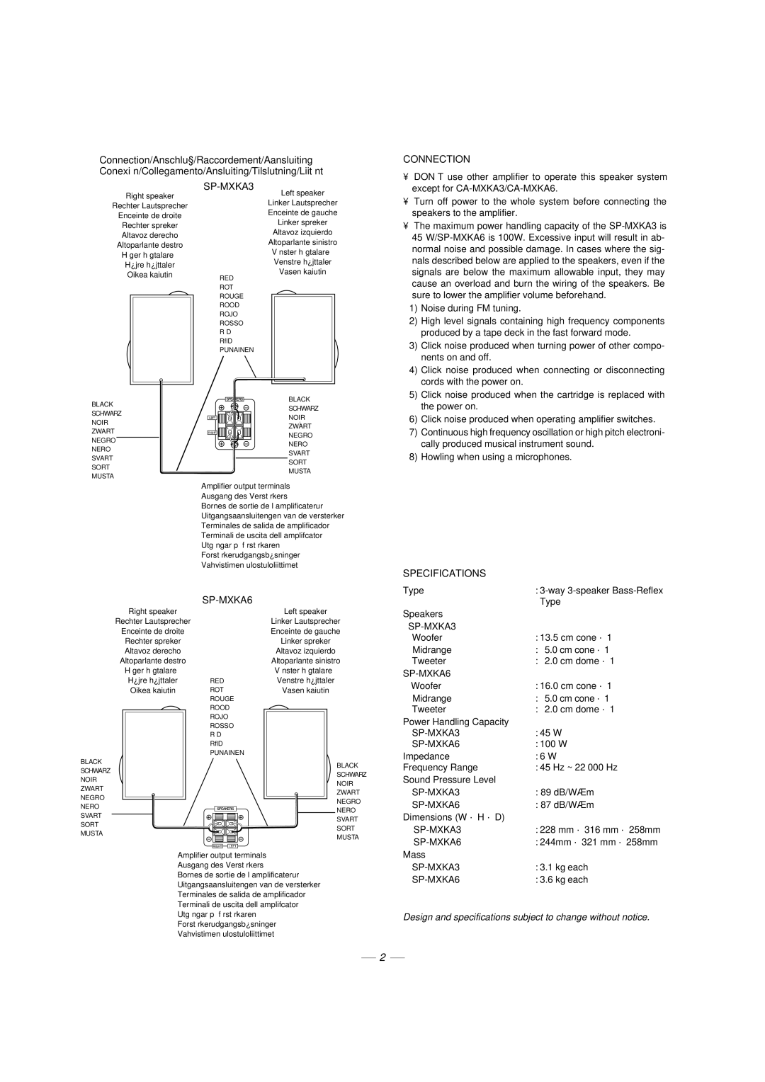 JVC 0303NYMCREBETEN, LVT1014-003A, CA-MXKA6 manual Connection, SP-MXKA3, Specifications SP-MXKA6 