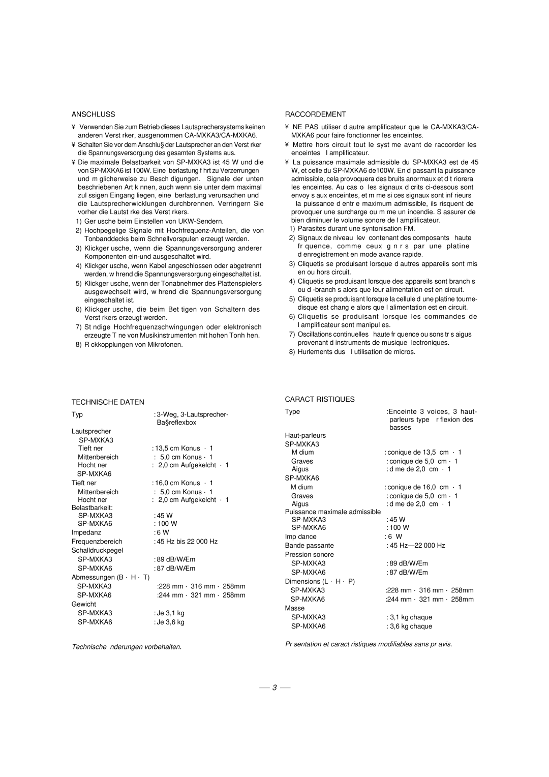 JVC LVT1014-003A, CA-MXKA6, 0303NYMCREBETEN manual Anschluss, Raccordement, Technische Daten, Caractéristiques 