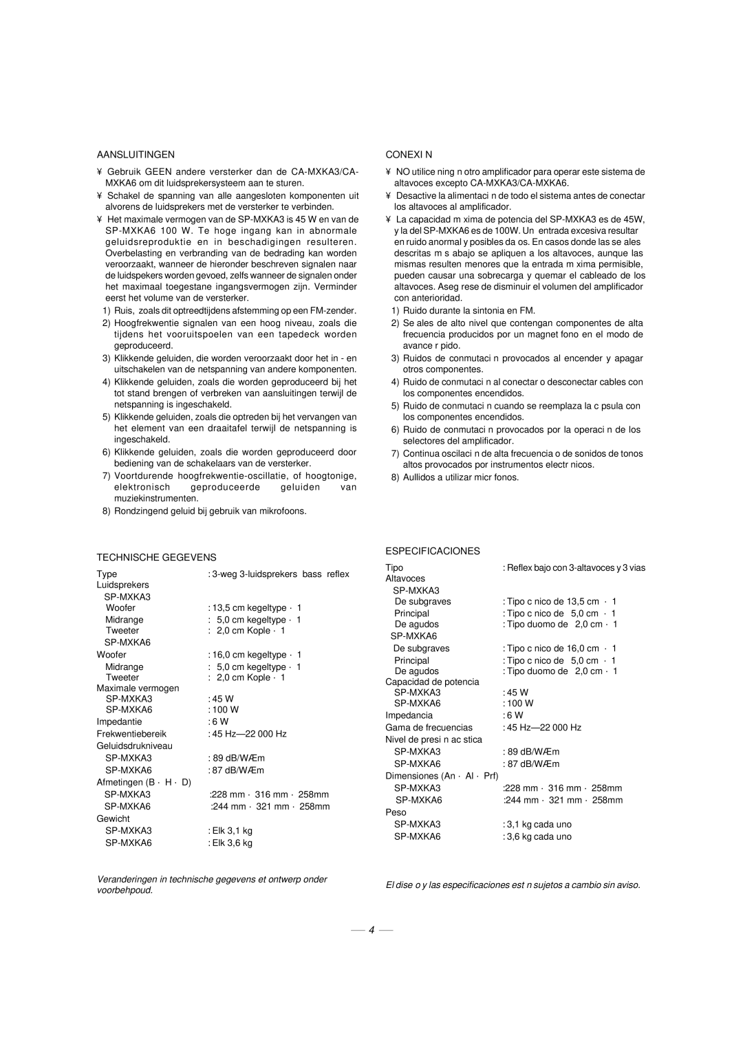 JVC CA-MXKA6, LVT1014-003A, 0303NYMCREBETEN manual Aansluitingen, Conexión, Technische Gegevens, Especificaciones 