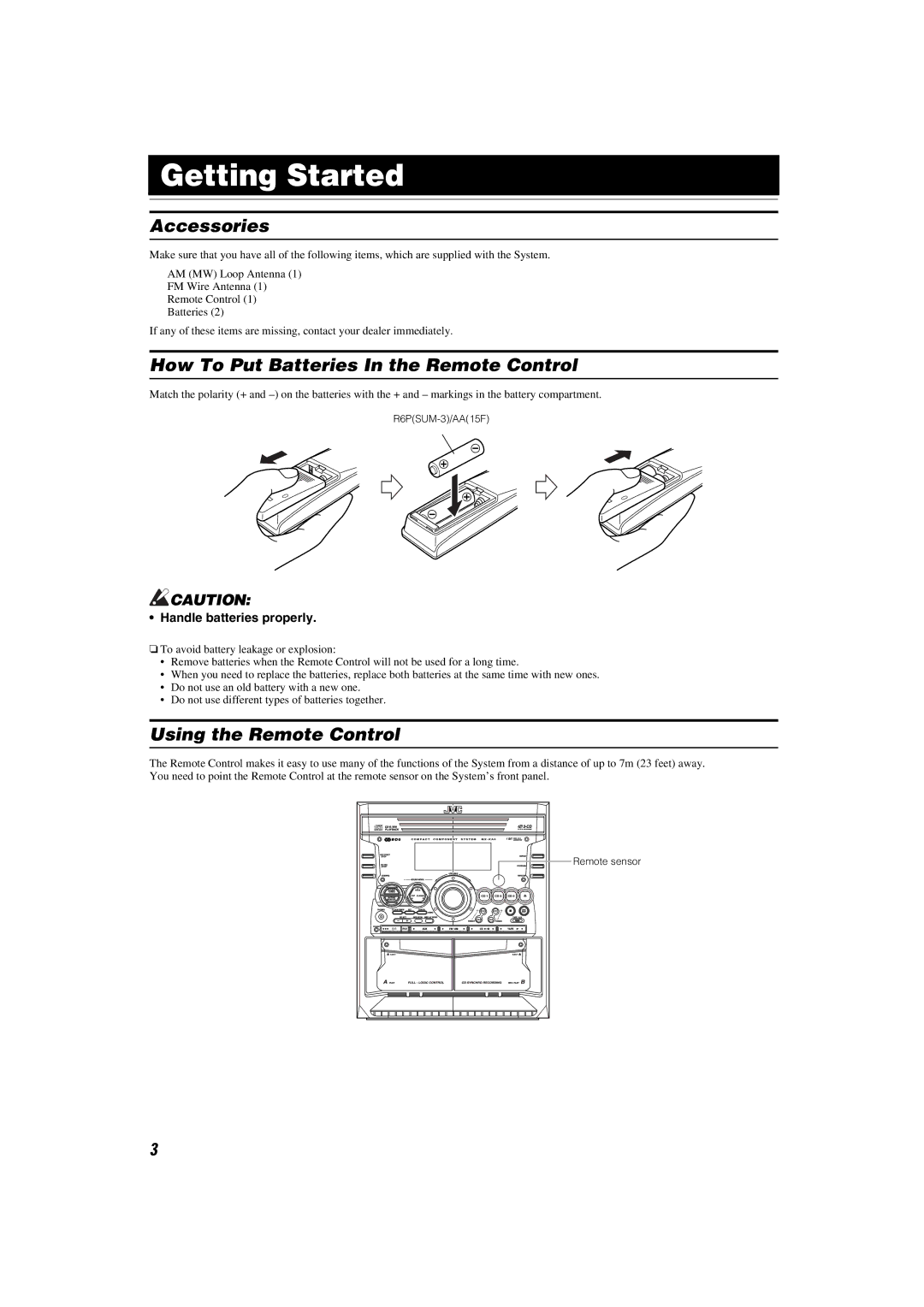 JVC LVT1014-003A manual Getting Started, Accessories, How To Put Batteries In the Remote Control, Using the Remote Control 