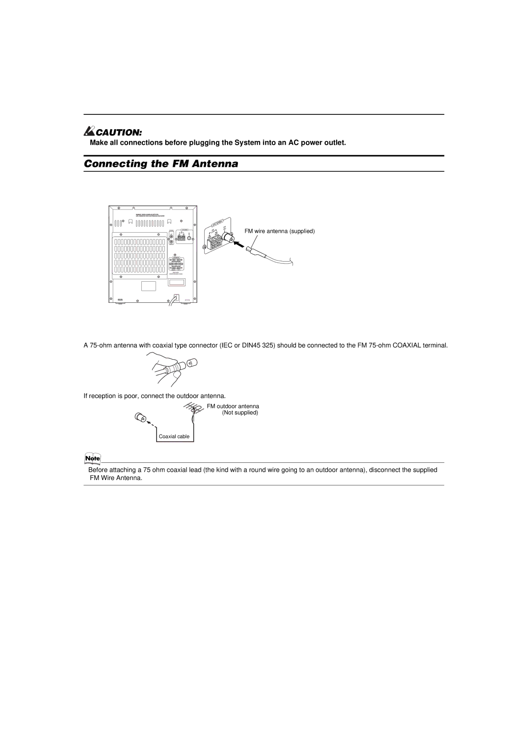 JVC CA-MXKA6 Connecting the FM Antenna, Using the Supplied Wire Antenna, Using the Coaxial Type Connector Not supplied 