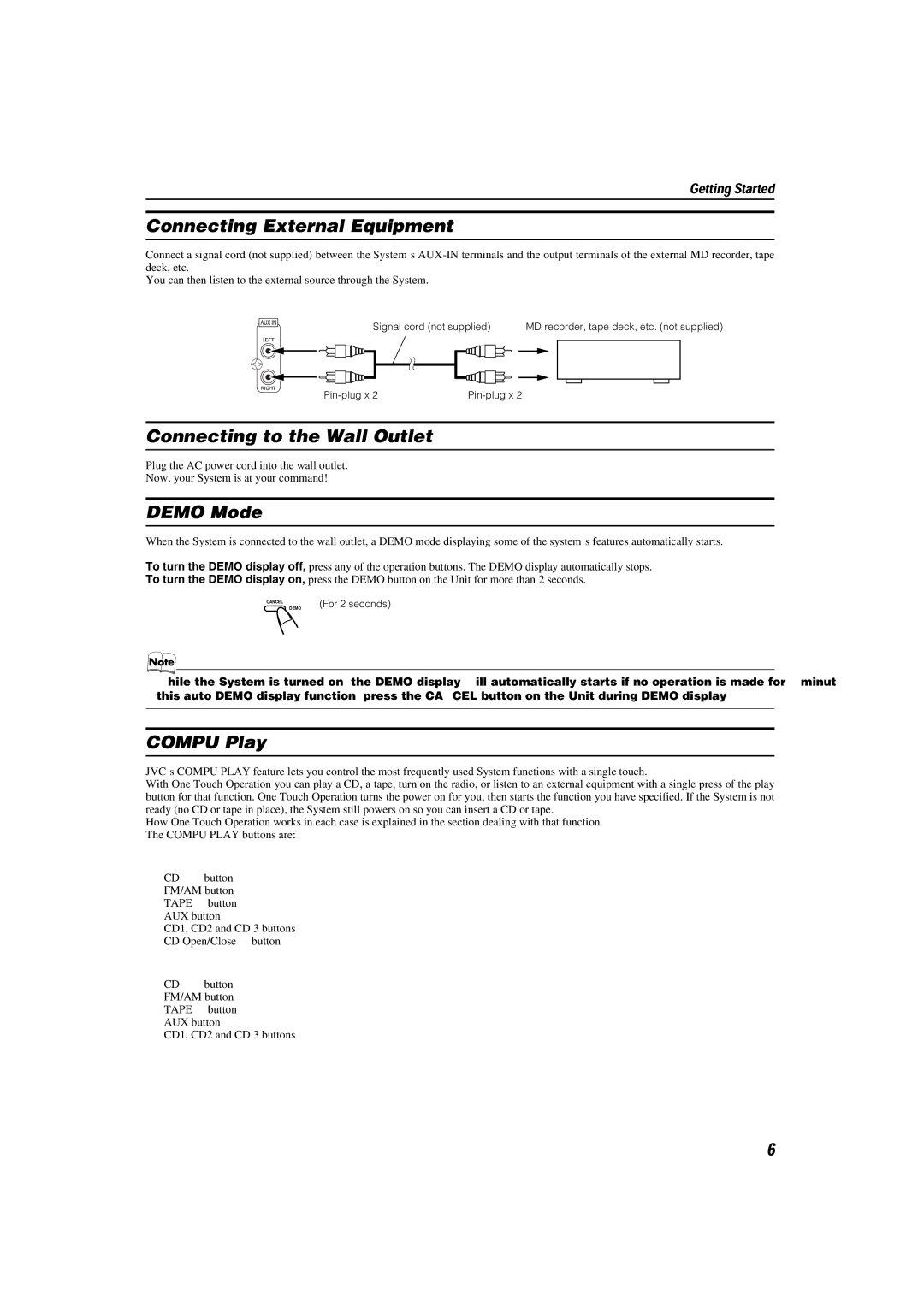JVC LVT1014-003A, CA-MXKA6 manual Connecting External Equipment, Connecting to the Wall Outlet, Demo Mode, Compu Play 