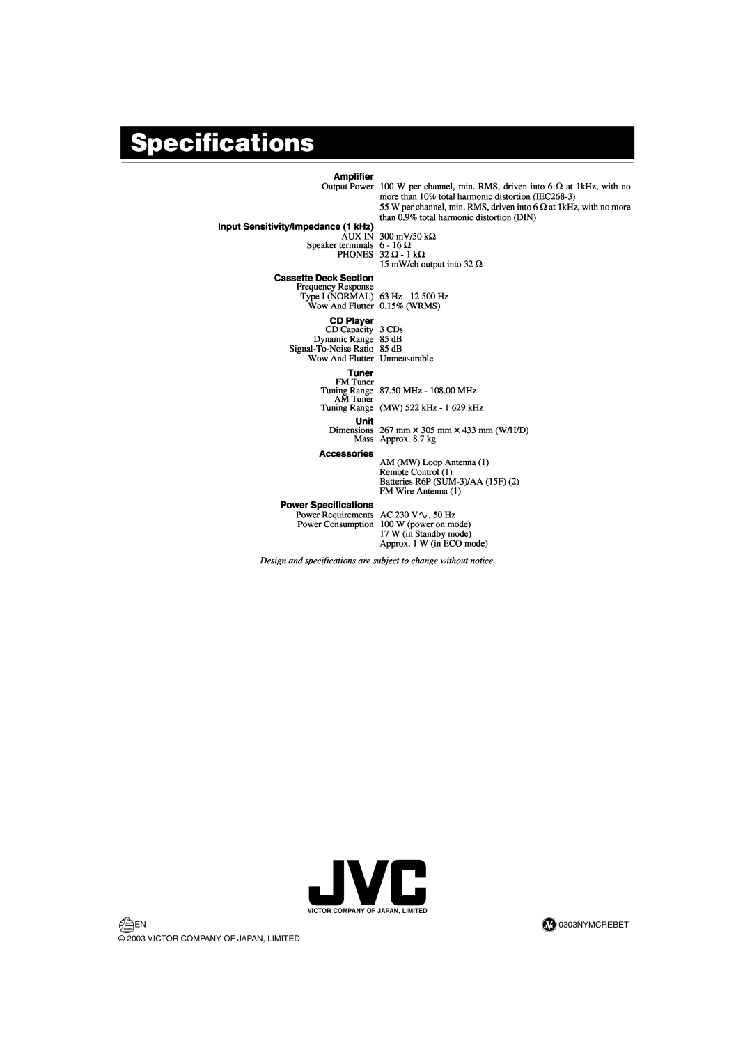 JVC LVT1014-003A Specifications, Amplifier, Input Sensitivity/Impedance 1 kHz, Cassette Deck Section, CD Player, Tuner 