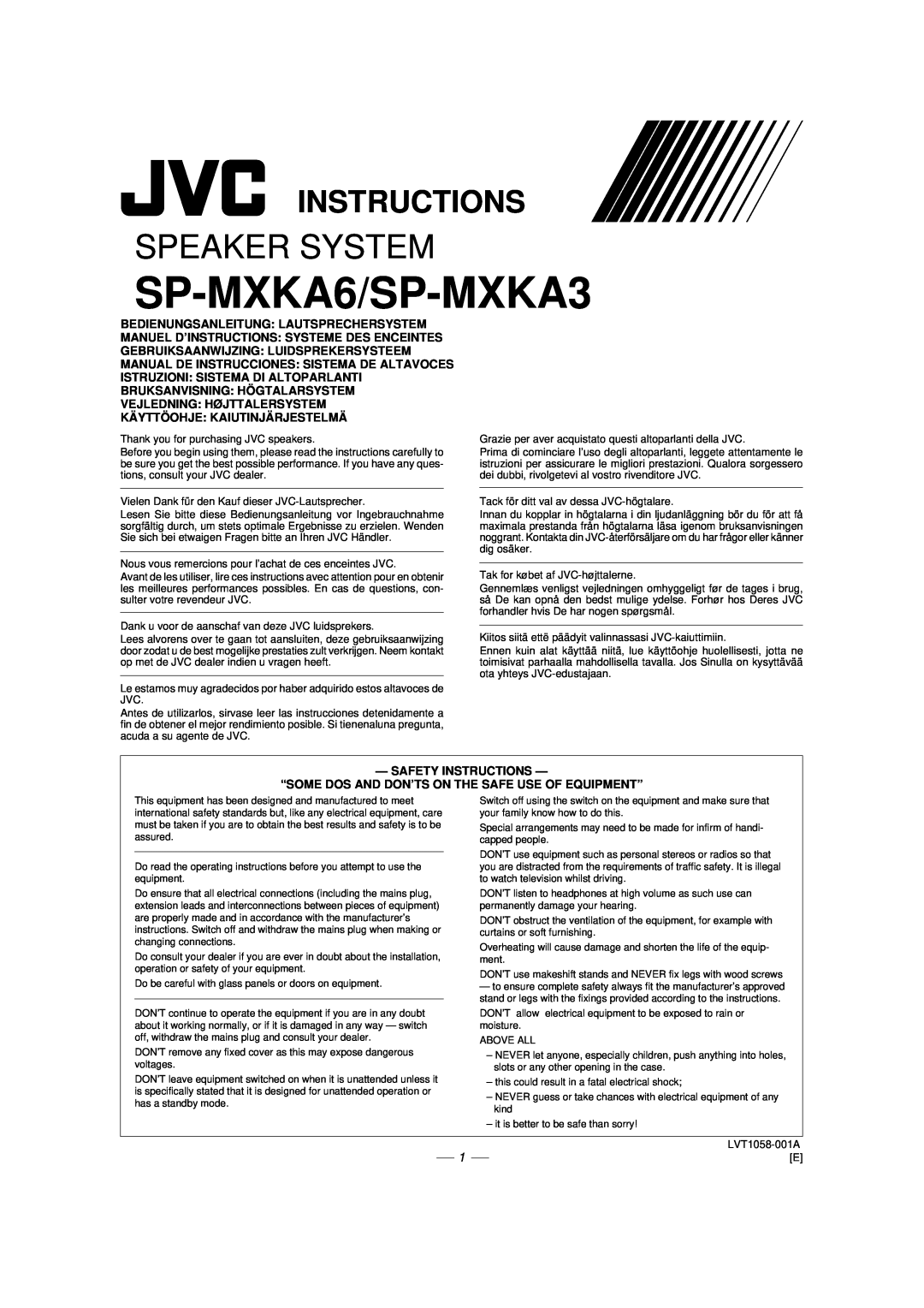 JVC CA-MXKA6 Bedienungsanleitung Lautsprechersystem, Manuel D’Instructions Systeme Des Enceintes, Safety Instructions 