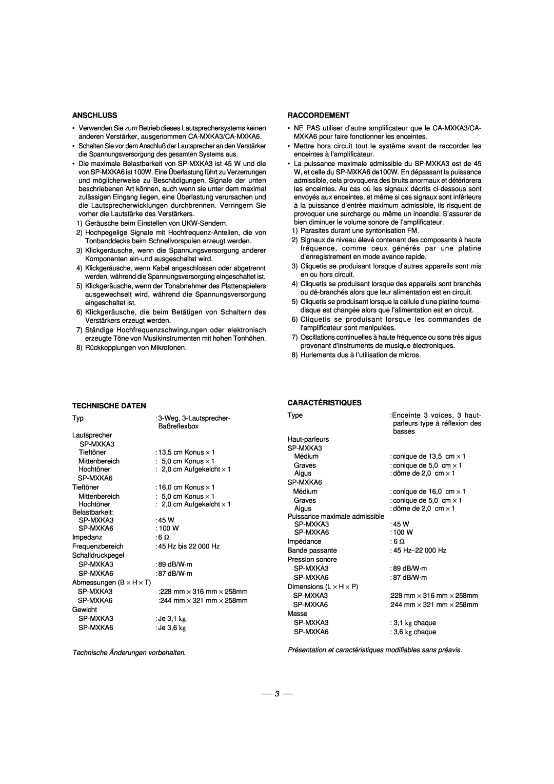 JVC LVT1014-003A, CA-MXKA6, 0303NYMCREBETEN manual Anschluss, Raccordement, Technische Daten, Caractéristiques 