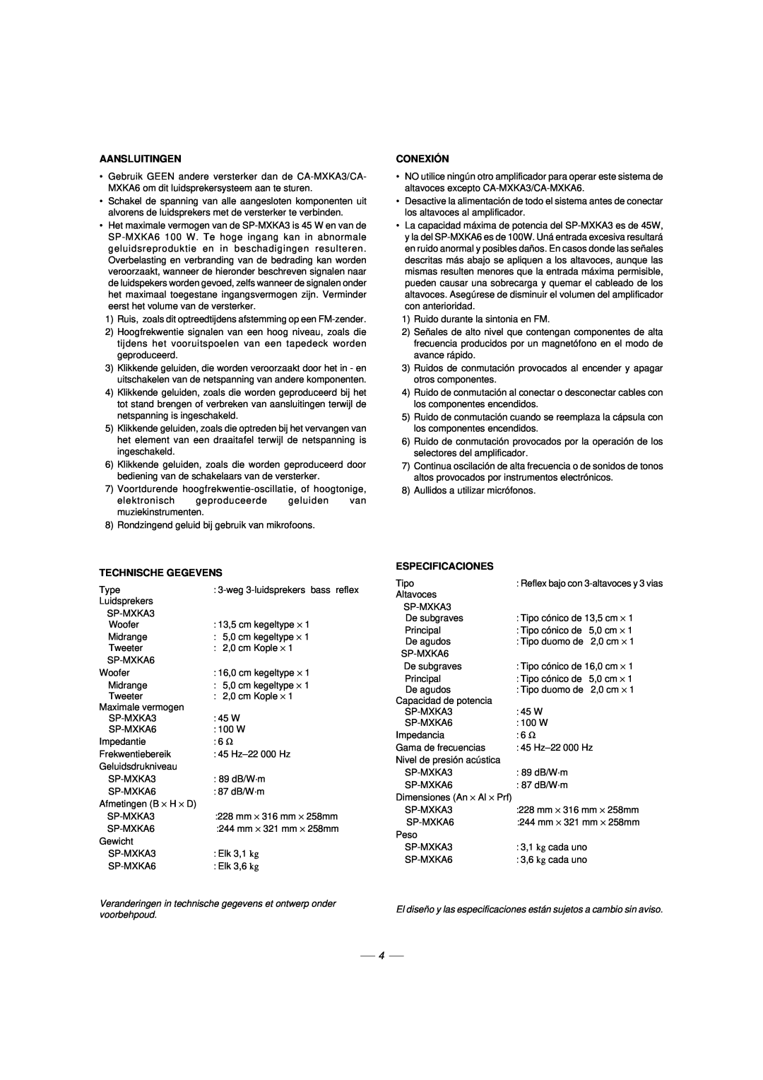 JVC CA-MXKA6, LVT1014-003A, 0303NYMCREBETEN manual Aansluitingen, Conexión, Technische Gegevens, Especificaciones 
