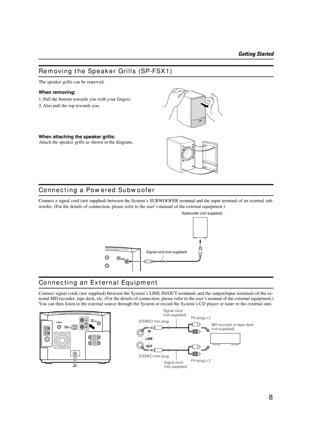 JVC LVT1040-003A Removing the Speaker Grills SP-FSX1, Connecting a Powered Subwoofer, Connecting an External Equipment 