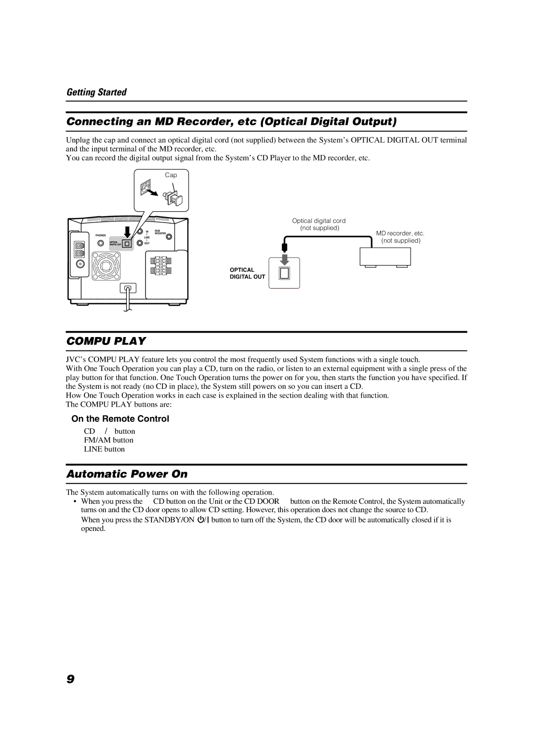 JVC LVT1040-003A manual Connecting an MD Recorder, etc Optical Digital Output, Automatic Power On 