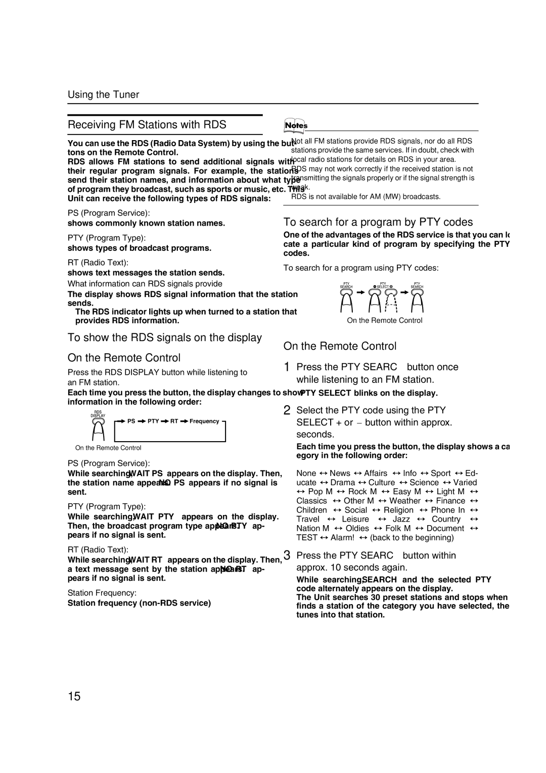 JVC LVT1040-003A manual Receiving FM Stations with RDS, To search for a program by PTY codes 