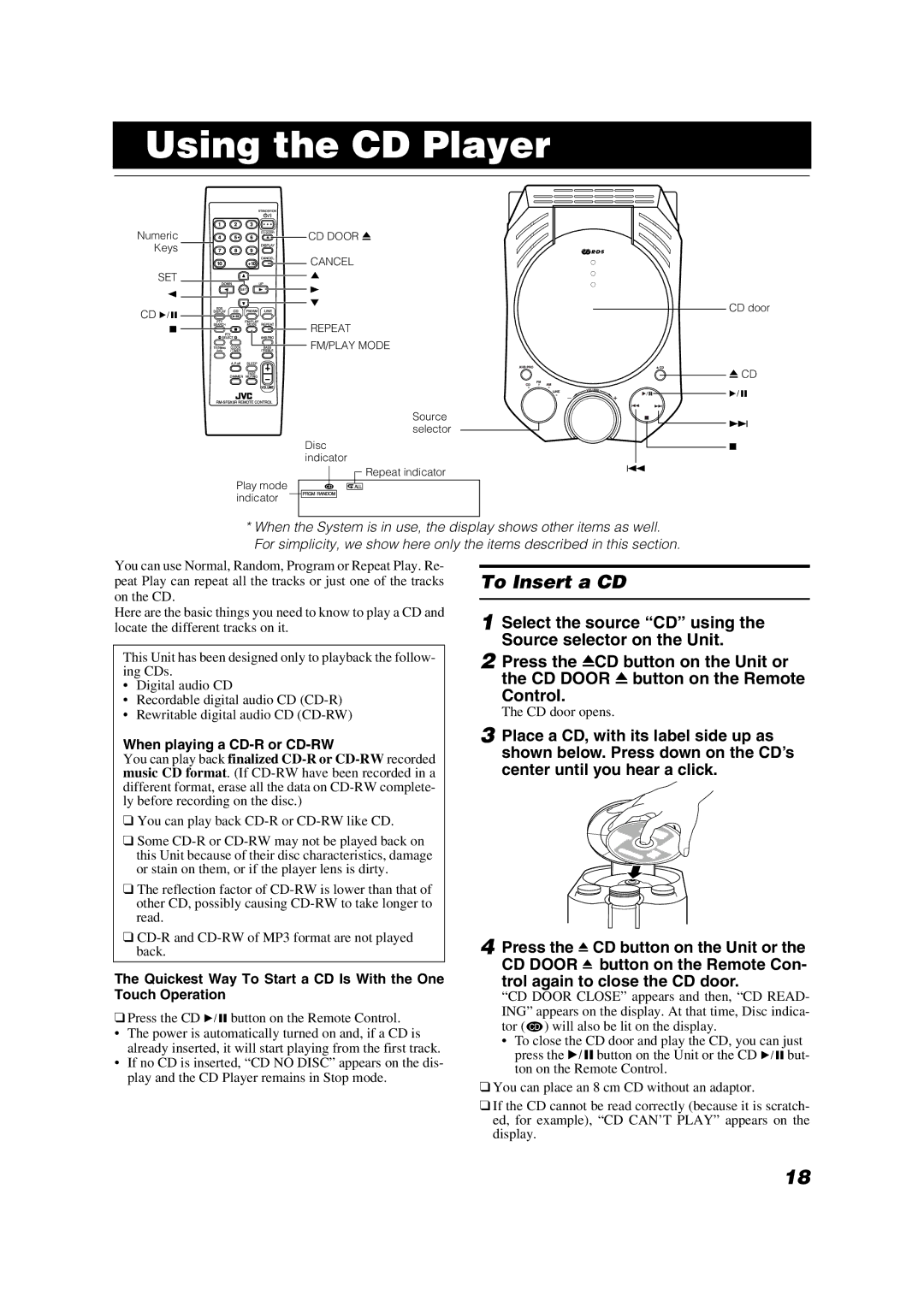 JVC LVT1040-003A manual Using the CD Player, To Insert a CD, When playing a CD-R or CD-RW 