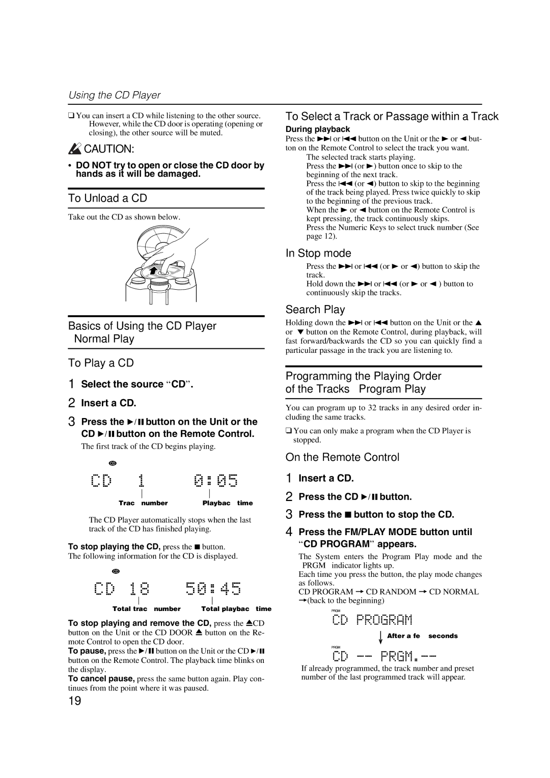 JVC LVT1040-003A manual To Unload a CD, Basics of Using the CD Player Normal Play 