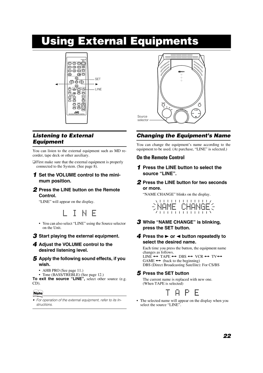 JVC LVT1040-003A manual Using External Equipments, Listening to External Equipment, Changing the Equipment’s Name 