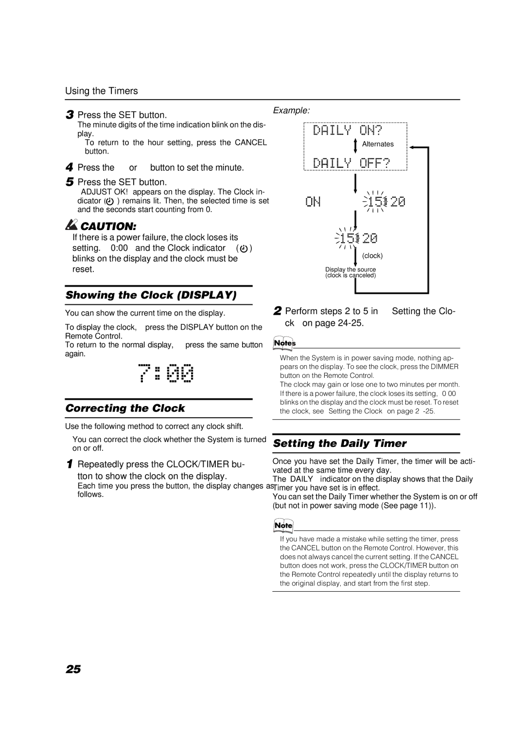 JVC LVT1040-003A manual Showing the Clock Display, Correcting the Clock, Setting the Daily Timer 