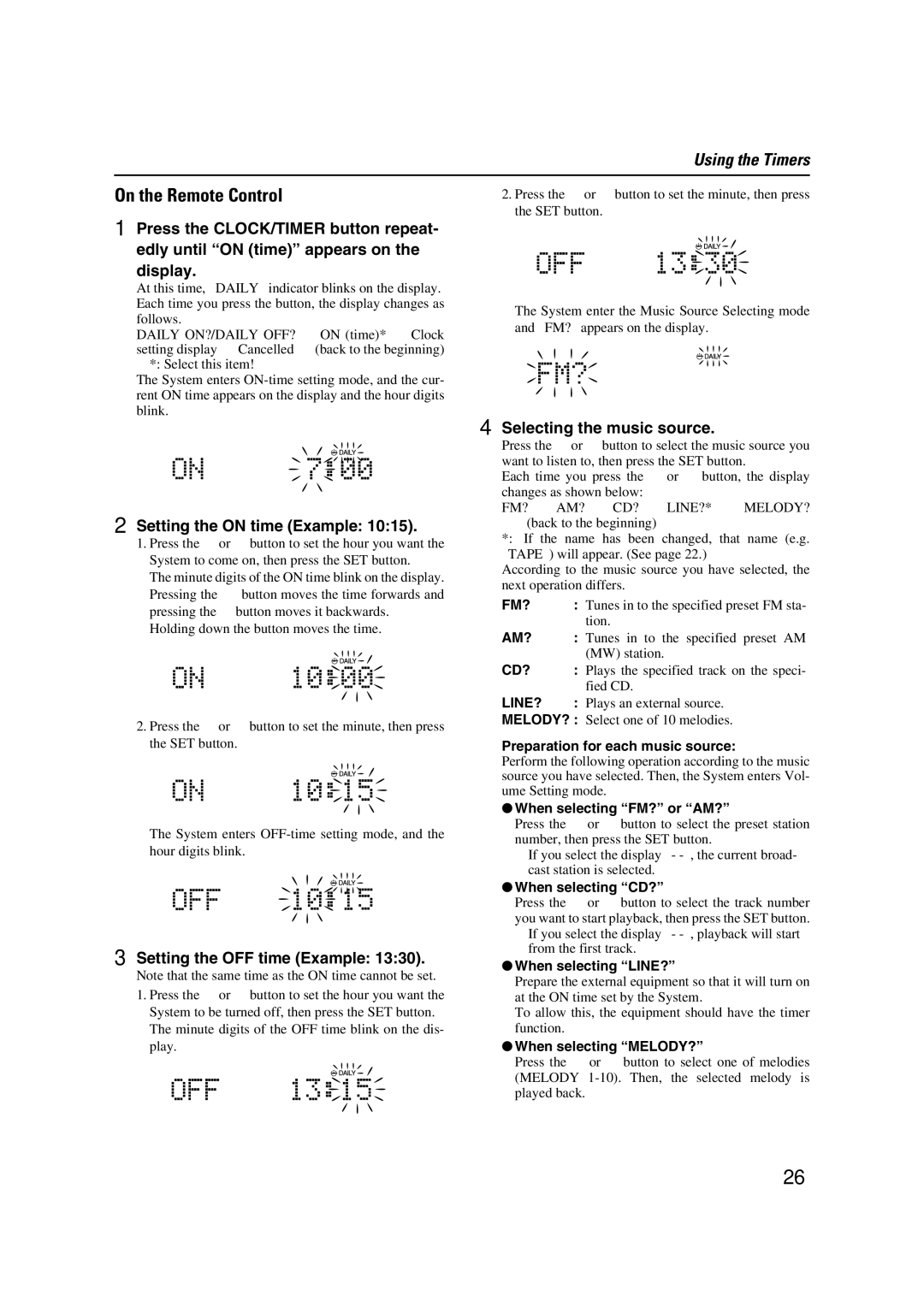 JVC LVT1040-003A manual Setting the on time Example, Setting the OFF time Example, Selecting the music source 