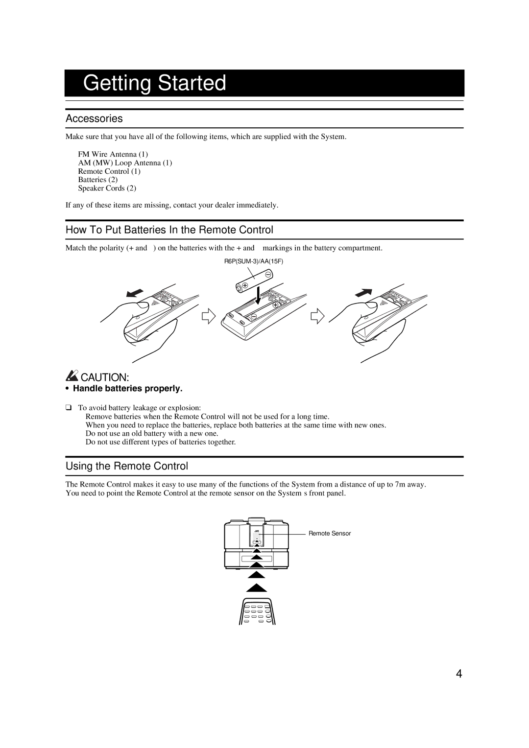 JVC LVT1040-003A manual Getting Started, Accessories, How To Put Batteries In the Remote Control, Using the Remote Control 