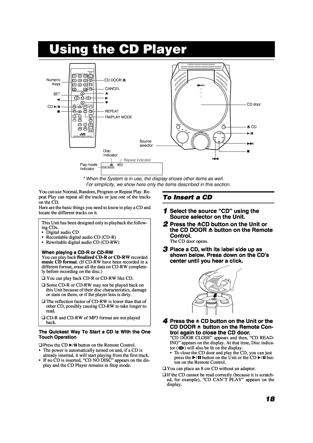 JVC LVT1040-003A manual Using the CD Player, To Insert a CD, Control 