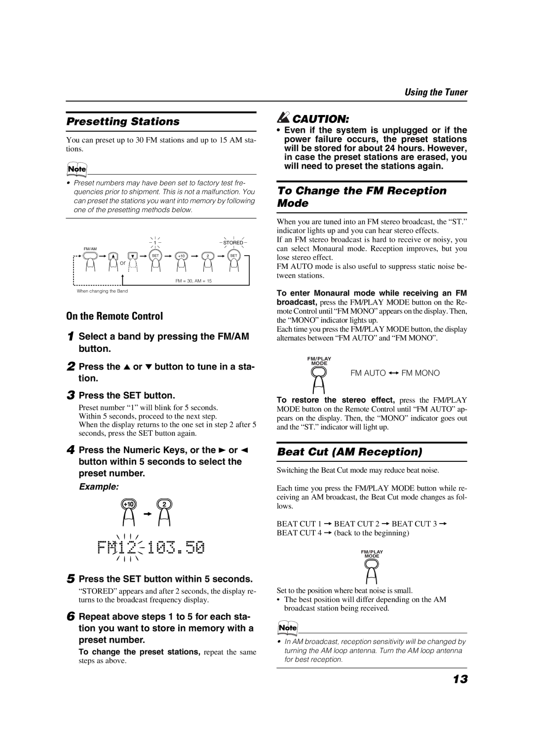 JVC LVT1040-008A manual Presetting Stations, To Change the FM Reception Mode, Beat Cut AM Reception 