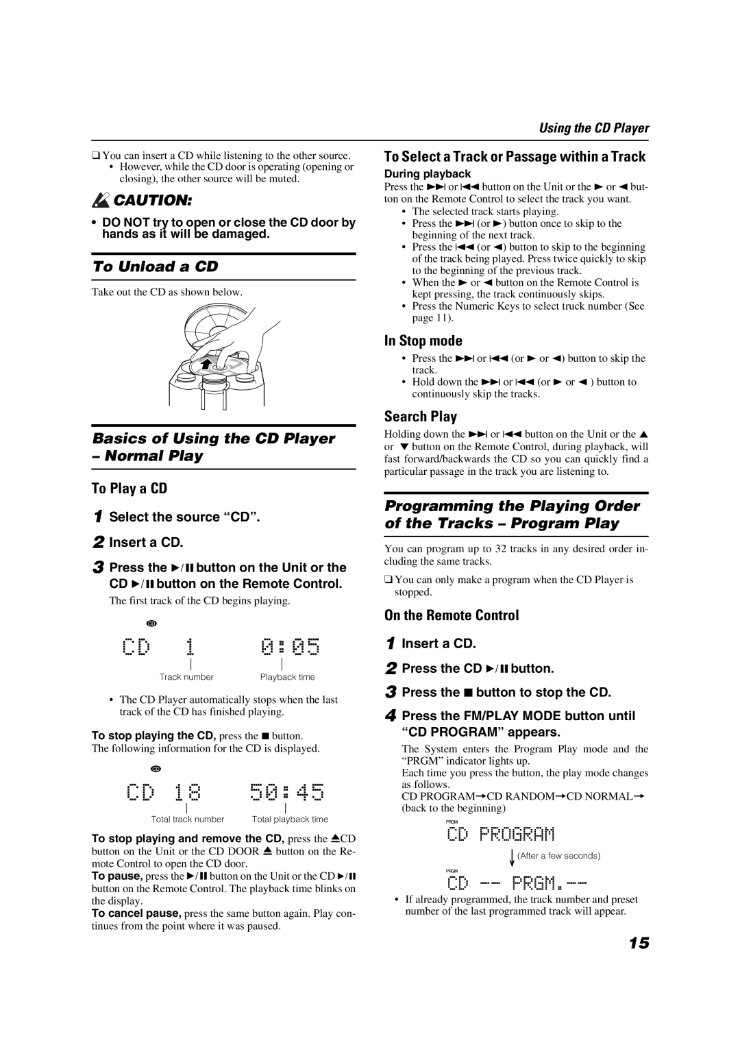 JVC LVT1040-008A manual To Unload a CD, Basics of Using the CD Player Normal Play 