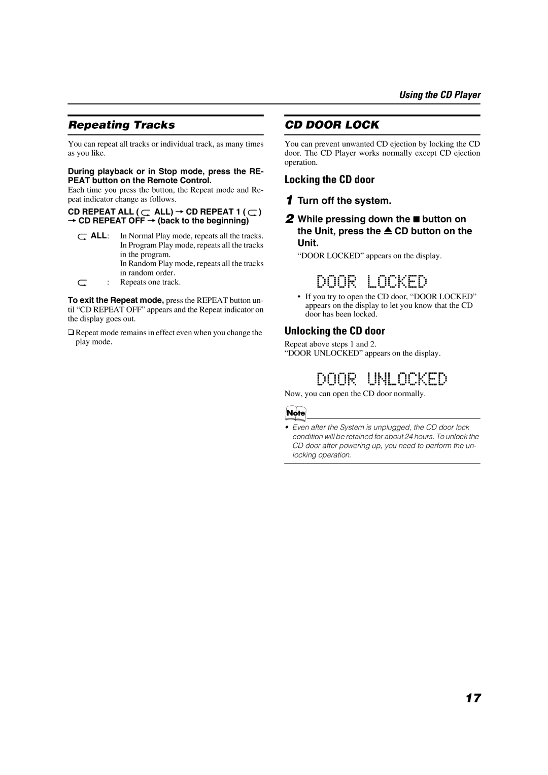 JVC LVT1040-008A manual Repeating Tracks, Locking the CD door, Unlocking the CD door, Turn off the system, Unit 