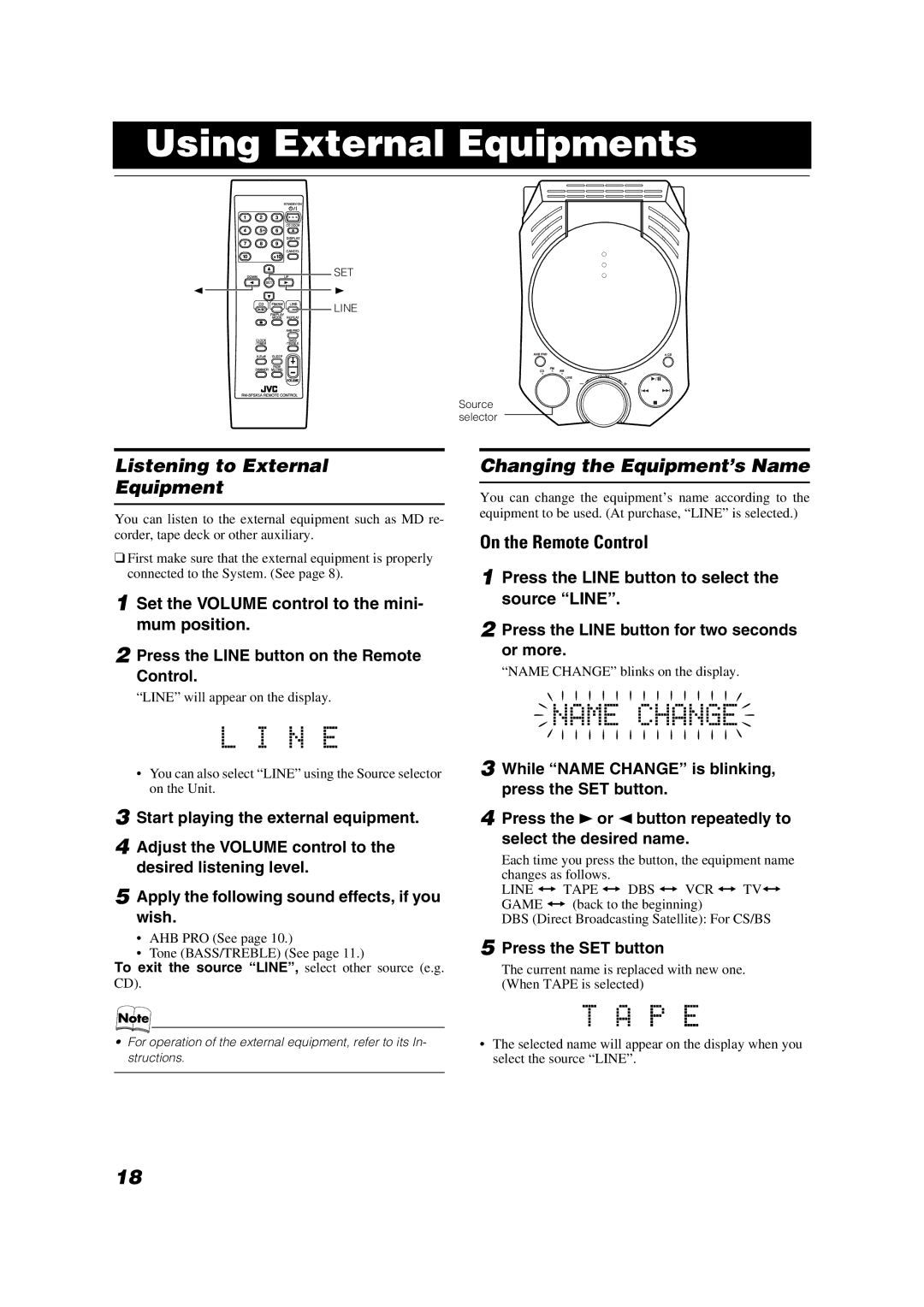 JVC LVT1040-008A manual Using External Equipments, Listening to External Equipment, Changing the Equipment’s Name 