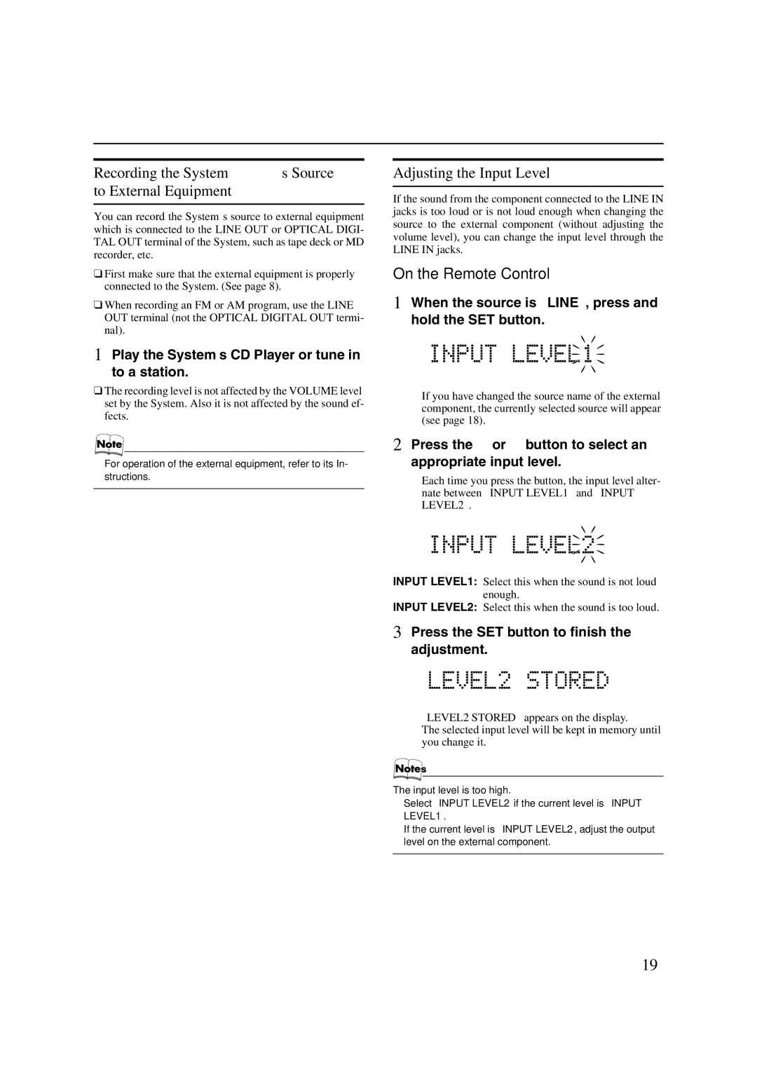 JVC LVT1040-008A manual Recording the System’s Source to External Equipment, Adjusting the Input Level 