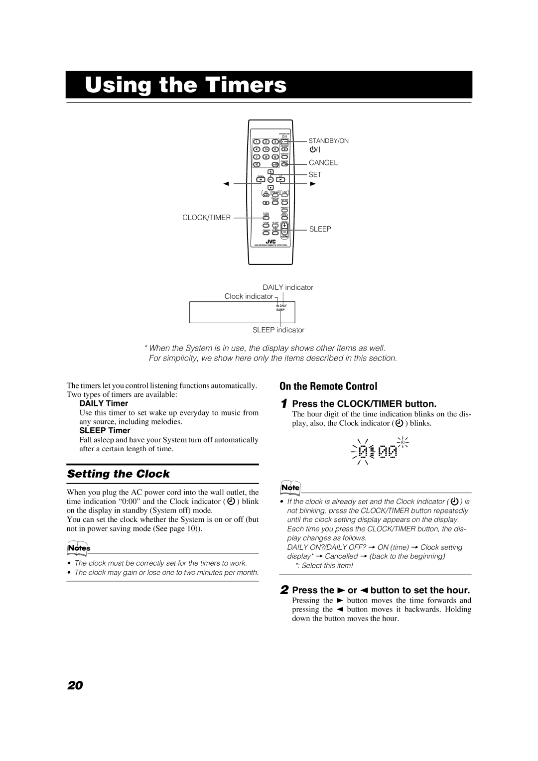 JVC LVT1040-008A manual Using the Timers, Setting the Clock, Press the CLOCK/TIMER button 