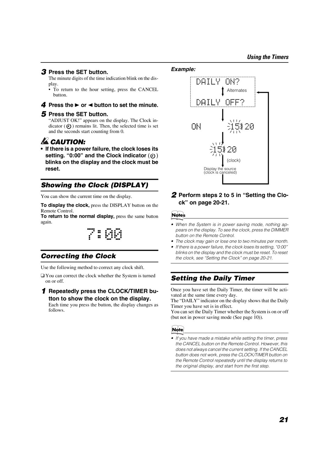 JVC LVT1040-008A manual Showing the Clock Display, Correcting the Clock, Setting the Daily Timer 