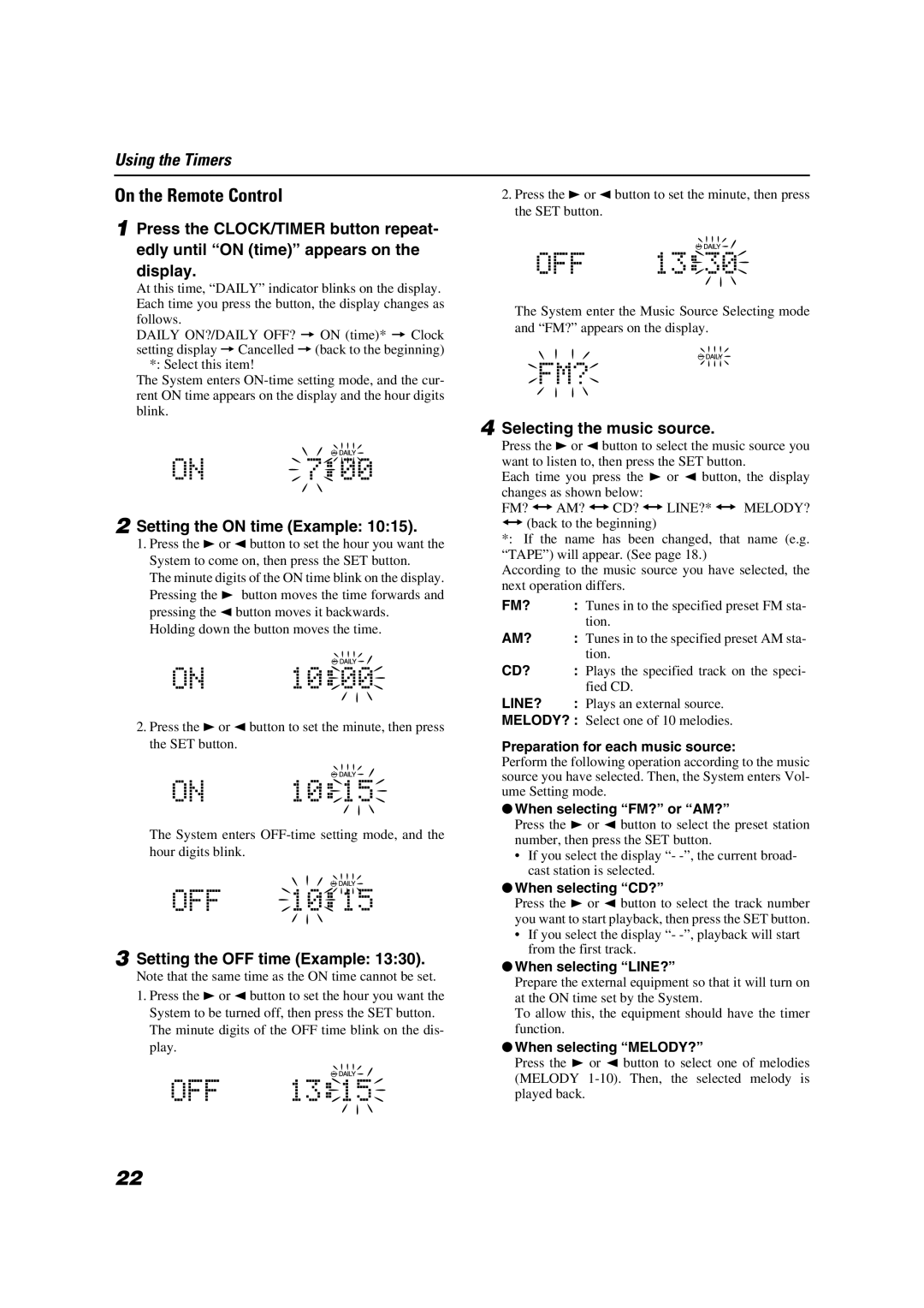 JVC LVT1040-008A manual Setting the on time Example, Setting the OFF time Example, Selecting the music source 