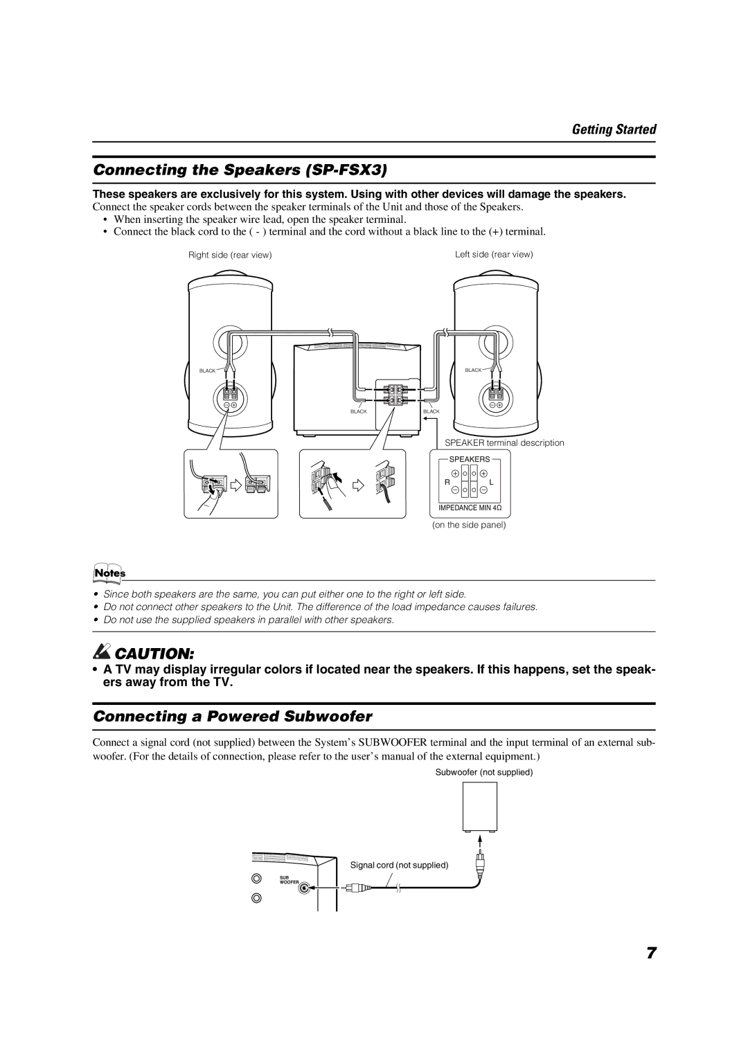 JVC LVT1040-008A manual Connecting the Speakers SP-FSX3, Connecting a Powered Subwoofer 