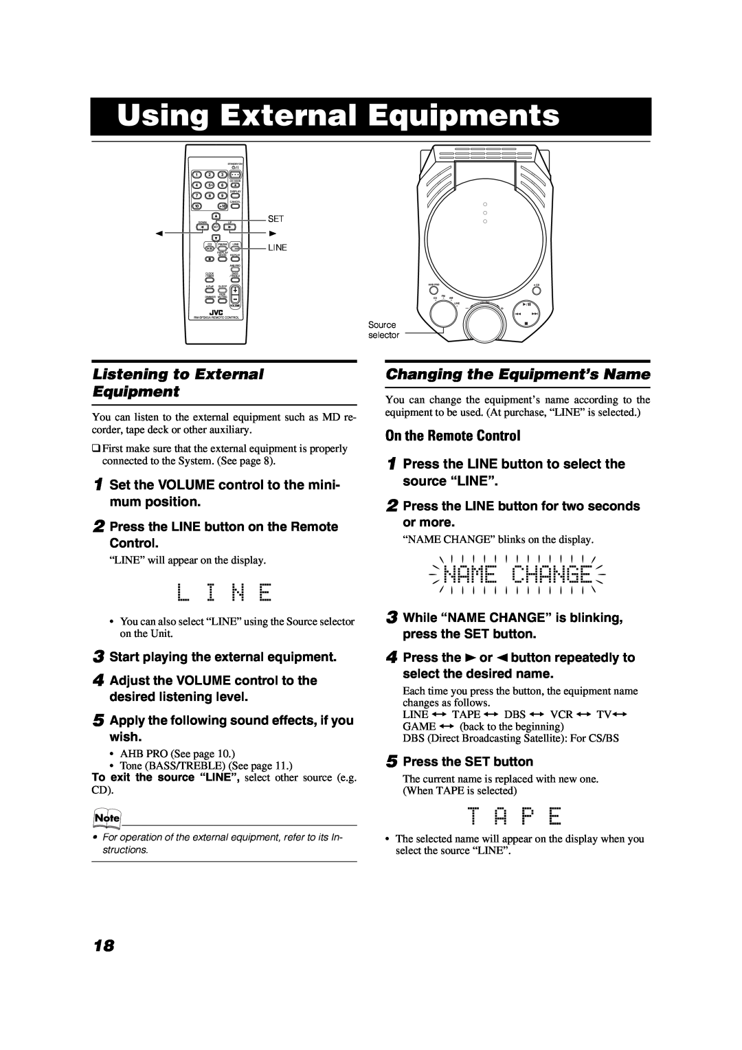 JVC LVT1040-008A manual Using External Equipments, Listening to External Equipment, Changing the Equipment’s Name 