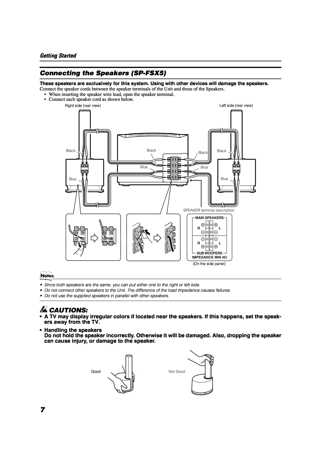 JVC LVT1041-002A, 0403MNMCREJEM manual Connecting the Speakers SP-FSX5, Cautions, Getting Started 