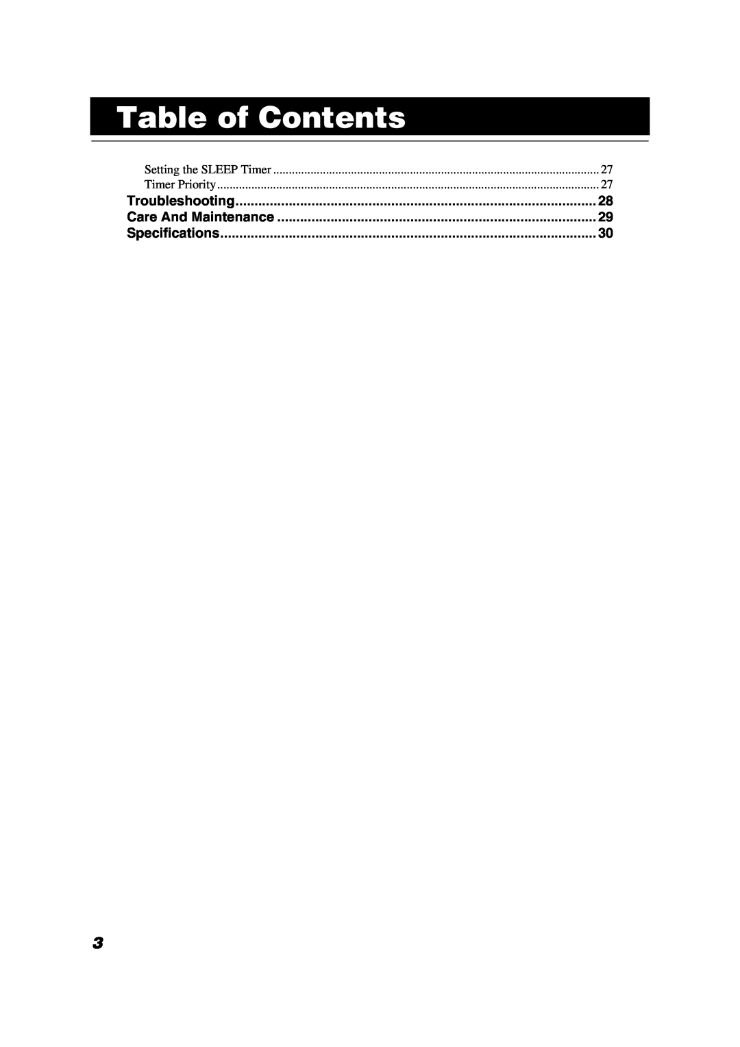 JVC LVT1041-002A manual Table of Contents, Troubleshooting, Care And Maintenance, Specifications, Setting the SLEEP Timer 