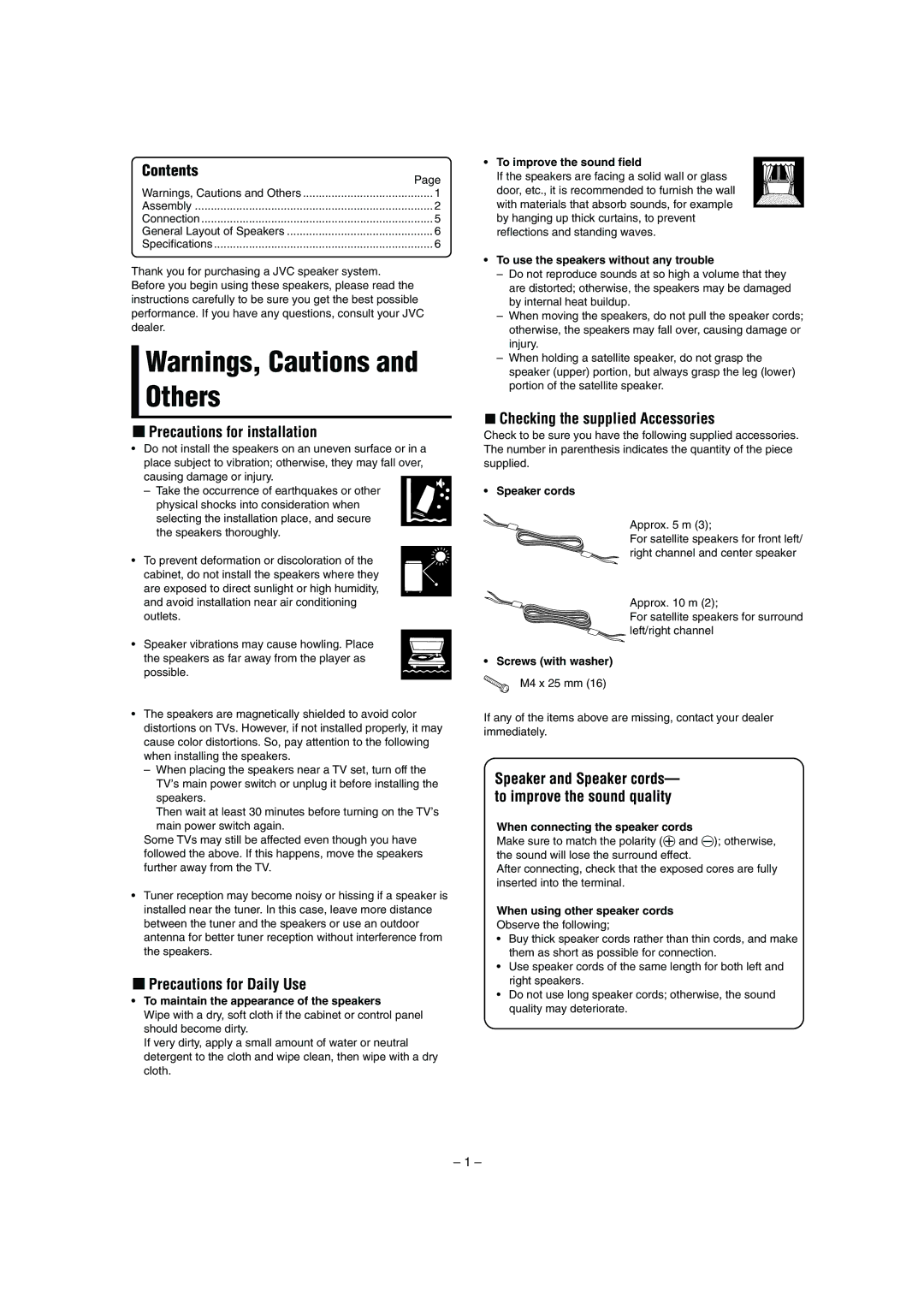 JVC LVT1047-001A Contents, Precautions for installation, Precautions for Daily Use, Checking the supplied Accessories 