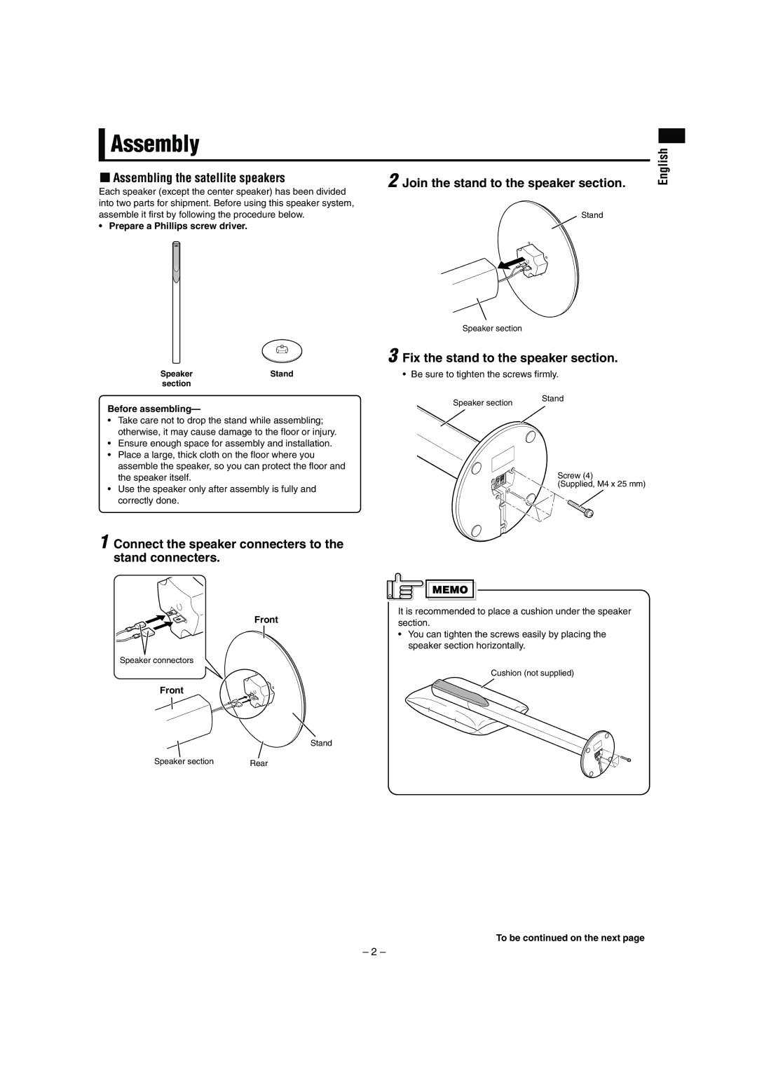 JVC LVT1047-001A manual Assembly, English Assembling the satellite speakers, Fix the stand to the speaker section 