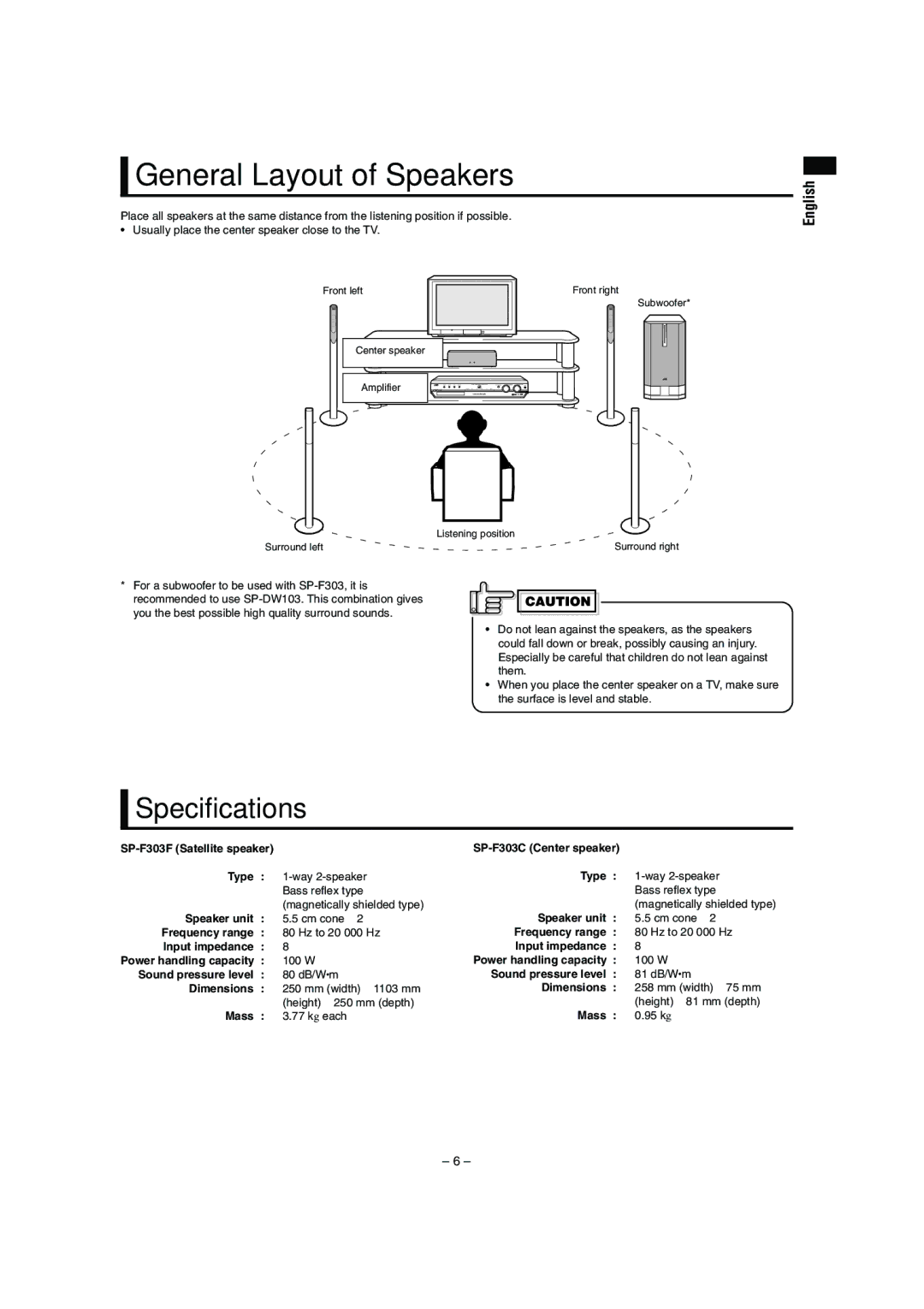 JVC LVT1047-001A manual Specifications, For a subwoofer to be used with SP-F303, it is 