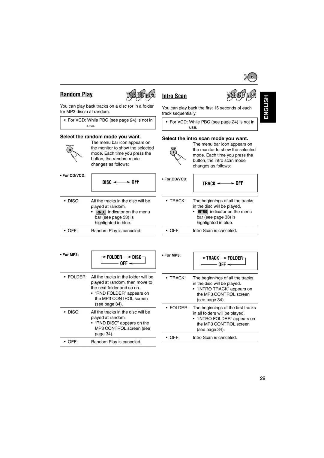 JVC LVT1055-001A manual Random Play, Intro Scan, Disc OFF 