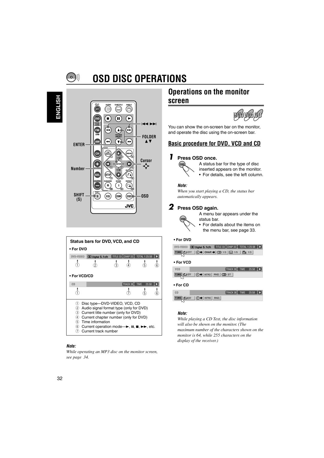 JVC LVT1055-001A manual OSD Disc Operations, Operations on the monitor screen, Basic procedure for DVD, VCD and CD 